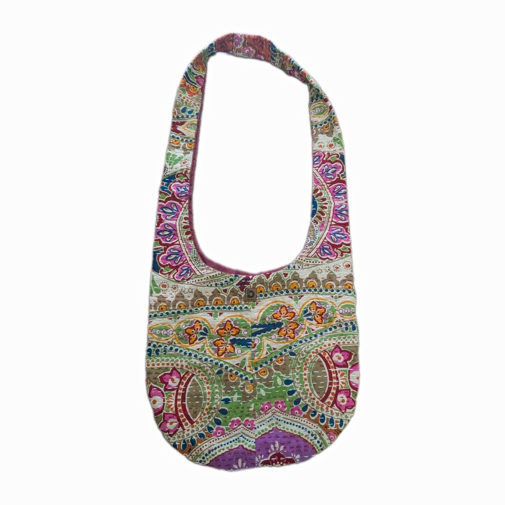Bops Blue Pine Boho Kantha Paisley Floral Quilted Hobo Shoulder Bag Multicolor